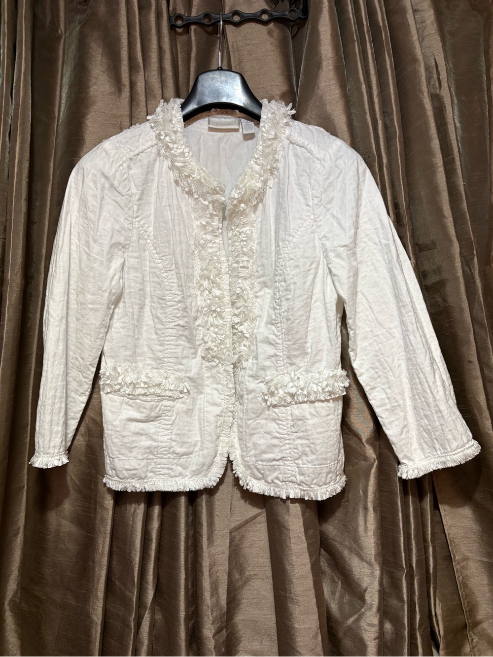 Chico's White Fringed‎ Open-Front Jacket #1905